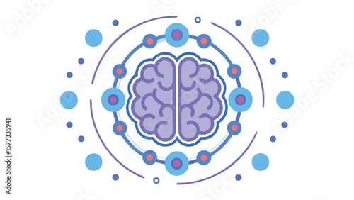 Illustration of a brain surrounded by circles and interconnected nodes creating a network design concept