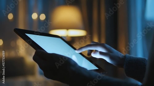 Woman using tablet at night for communication, shopping, or entertainment, relaxed environment