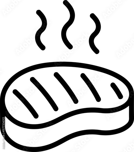 Simple black line icon of a hot grilled steak with steam rising