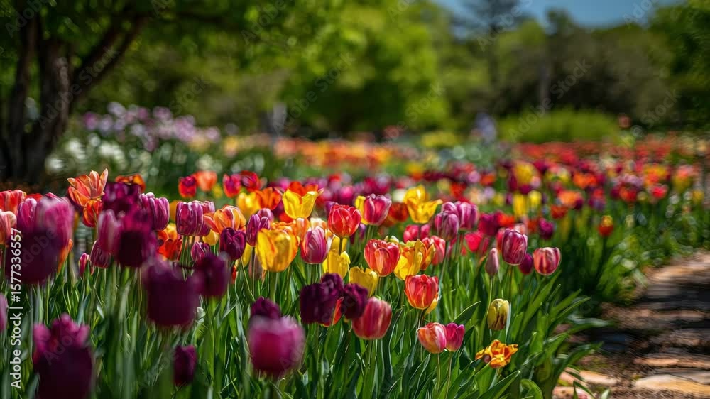 Vibrant field featuring a multitude of colorful tulips in full bloom with green foliage and trees in the background on a Vibrant field featuring a multitude of colorful tulips in full bloom with green foliage and trees in the background on a