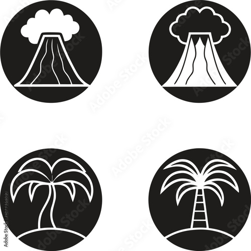 Volcano and Palm Tree Icons Black and White Illustrations