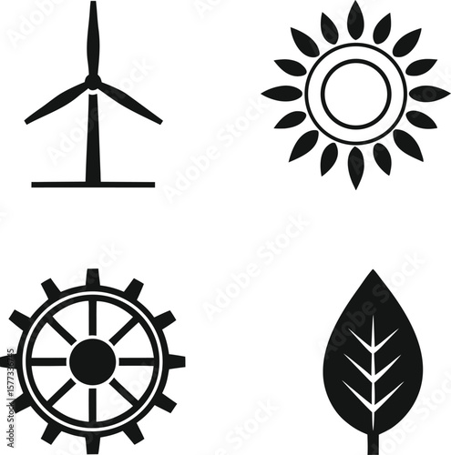 Renewable Energy Icons Wind, Solar, Gear, Leaf
