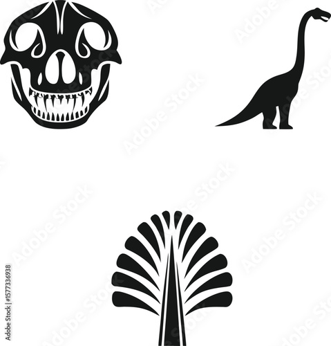 Prehistoric Era Icons Dinosaur Skull, Brachiosaurus, and Ammonite Fossil Silhouettes