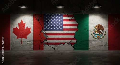 Canada, USA, and Mexico Flags on Cracked Wall. Symbol of Trade War, Economic Crisis, and Diplomatic Tensions, Concept of Broken Relations and Trade Conflict
