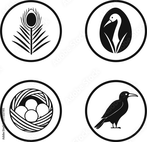 Elegant Bird Icons Peacock Feather, Swan, Nest, and Bird Silhouette