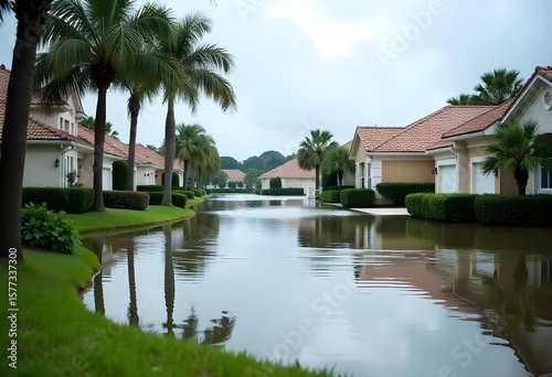 Hurricane Debby tropical rainstorm flooded residential homes in suburban community in Sarasota, Florida. Aftermath of natural disaster