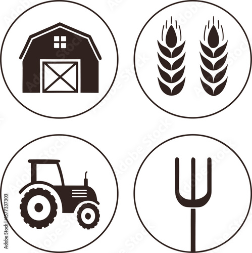 Farm Icons Barn, Wheat, Tractor, Pitchfork - Agriculture Symbols