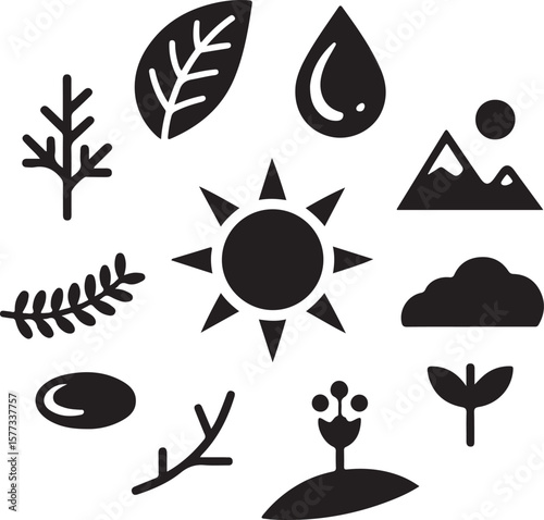 Nature Icons Sun, Plants, Water, and Mountains - Simple Black Glyph Illustrations