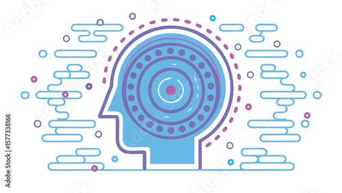 Illustration of a head profile with concentric circles inside surrounded by cloud like shapes and dots