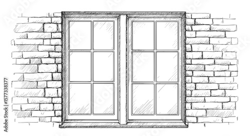 AI-generated illustration of a window on a brick wall black and white sketch vector SVG

