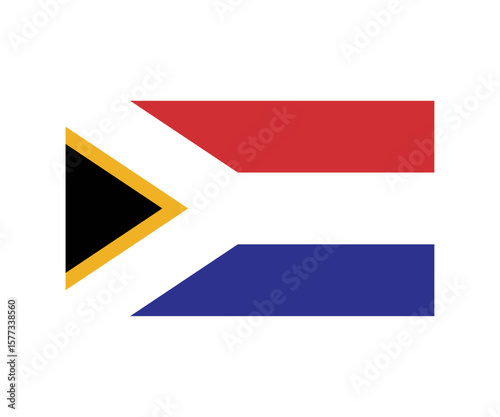 This flag consists of three horizontal stripes: orange (top), white (middle), and blue (bottom). A black triangle is placed at the hoist (left side), bordered with a thin gold/yellow outline, and poin