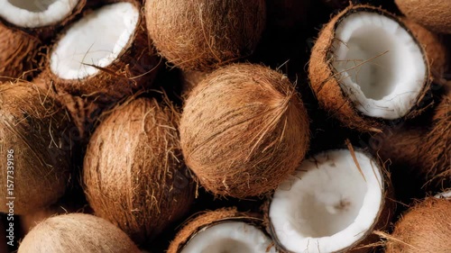 Close up view of numerous whole and halved coconuts showcasing their brown husks and white flesh