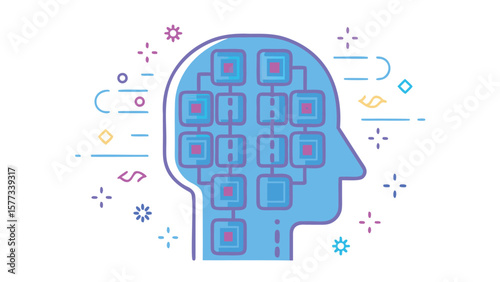 Illustration of a head outline filled with connected squares and decorative elements around it