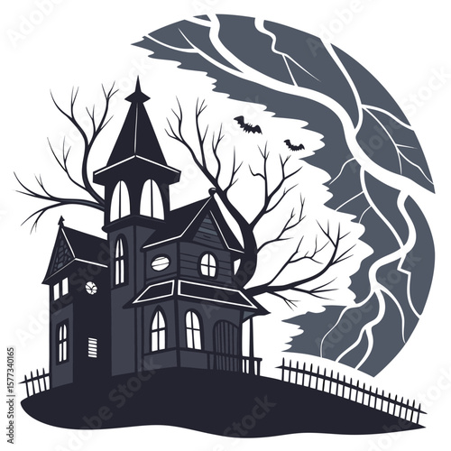 Silhouette of a haunted house on a hill with bats, a moon, and a bare tree creating a spooky scene