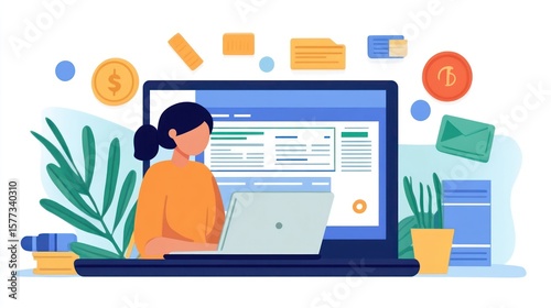 A person using a laptop to apply for an online personal loan, featuring a loan icon representing financial agreements between lenders and borrowers.