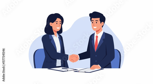 Businessman and Businesswoman Handshake – Flat Vector Illustration of Office Deal, Agreement, and Partnership