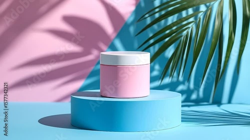 Pink cosmetic jar on a light blue display podium with palm leaf shadows