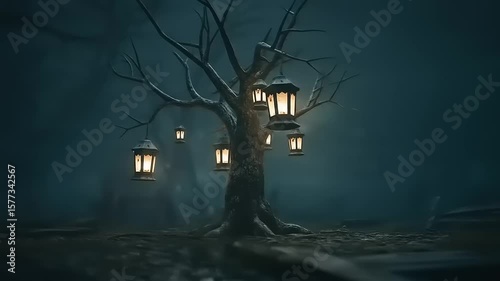 Eerie scene of a barren tree adorned with glowing lanterns in a foggy graveyard at night