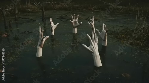 Eerie scene of ghostly hands emerging from a dark swamp, surrounded by murky water and overgrown vegetation
