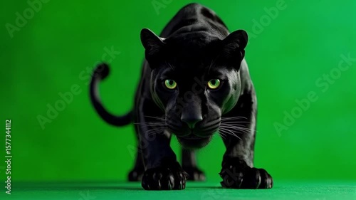 Close up of a black panther crouching against a vibrant green screen background in studio green screen animal video