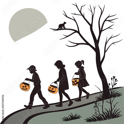 Silhouette of three children trick or treating under a moon with a cat in a bare tree on halloween night