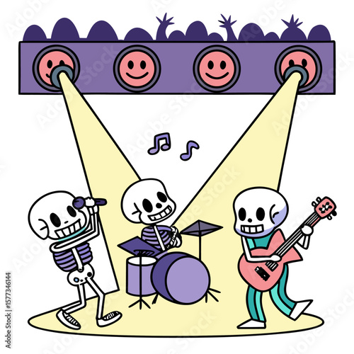 Cartoon skeleton band performing on stage under spotlights with musical notes floating in the air