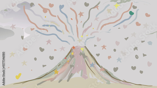 A pastel mountain with stars and hearts erupting from the top with colorful streamers around it all