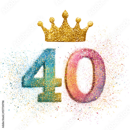 40 rainbow color glitter number with golden shiny crown isolated over white (transparent) background; concept of fourty anniversary, birthday greeting card perfect for every prince or princess