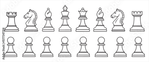 A complete set of 16 white chess pieces in vector style, including king, queen, two rooks, two bishops, two knights, and eight pawns. Arranged neatly in a single image. Minimalist and clean vector