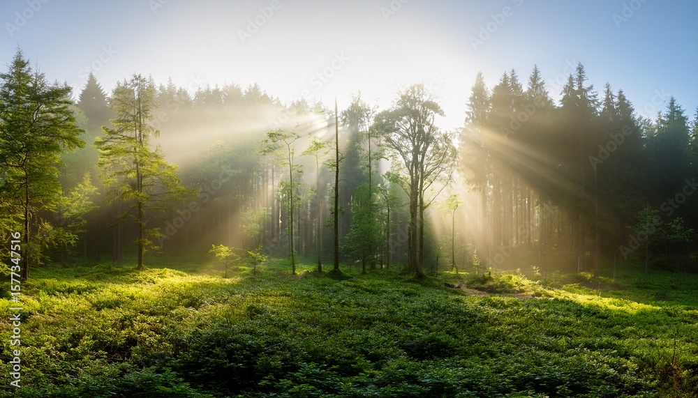 Obraz premium enchanting rays of sunlight in a green forest a mix of sunshine and light fog create a magical atmosphere in this panoramic nature shot