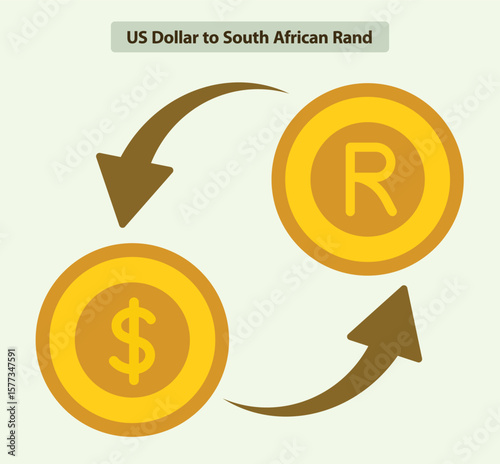 Flat vector icon of US dollar and South African rand exchange with circular arrows, perfect for forex, global banking systems, and currency transaction dashboards