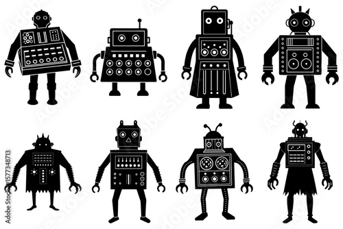 Collection of eight black and white retro style robots with different designs and body shapes standing upright