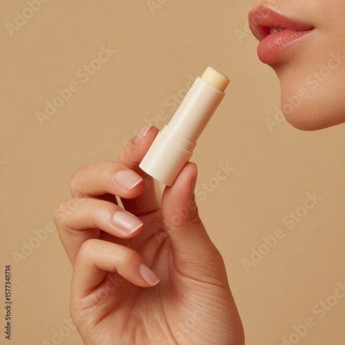 A hand applying lip balm from a simple tube, soft focus.