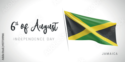 Jamaica independence day vector banner, greeting card. Jamaican wavy flag in 6th of August patriotic holiday horizontal design with realistic flag