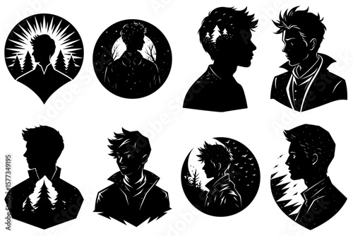 Collection of silhouette portraits with nature elements and various artistic styles shown