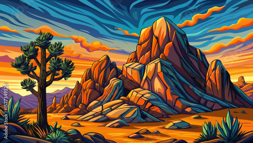 Panoramic of Joshua Tree National Park, USA. Unique desert landscape with rock formations, clear blue sky, arid terrain, and iconic Joshua trees in sunlight