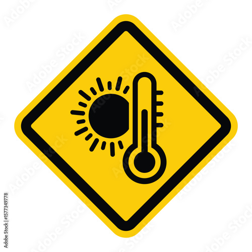 Yellow diamond warning sign with black sun and thermometer icon, symbolizing high temperatures and heat stress. Bold, simple design, ideal for safety and caution messaging.
