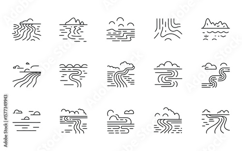 Black Line Art River Landscape Icons Set Water Nature Scenery Illustrations vector