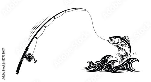 A fishing rod catching a fish jumping out of the water illustration