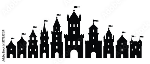 Silhouette of Multiple Castles with Flags Fairytale Castle Towers Medieval Architecture Illustration