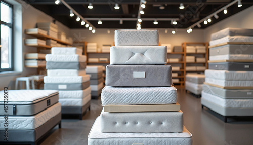 Stack of mattresses in a modern showroom
