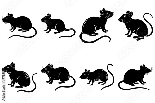 Collection of eight black silhouette drawings of mice in various poses on a white background art design