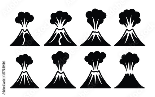 Black Silhouettes of Volcanoes with Varying Eruption Sizes White Background eruptions