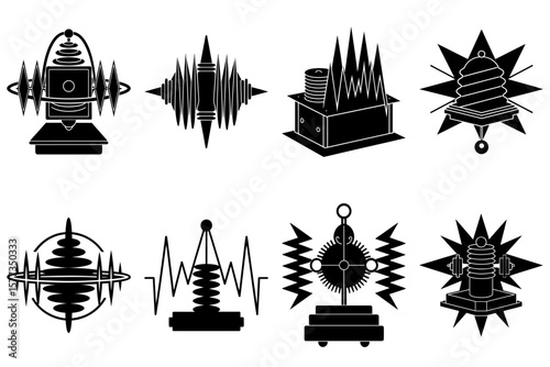 Collection of eight stylized black and white science fiction devices and machines in various arrangements