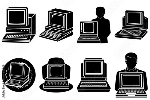 Collection of vintage computers and a person silhouette in black and white retro design style art
