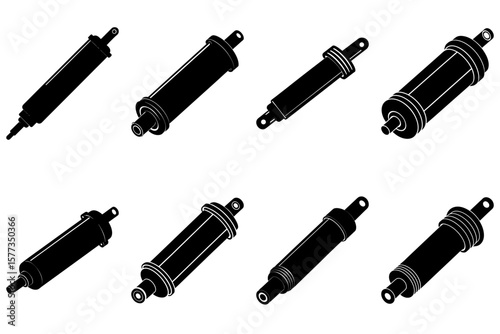 A collection of eight hydraulic cylinders depicted in a black and white technical drawing style layout
