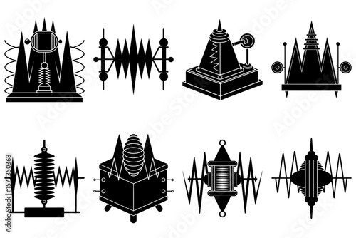 Collection of eight abstract black steampunk device illustrations on a white background in vector format