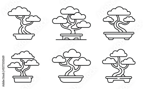 Line Art Bonsai Tree Illustrations in Pots Different Styles and Shapes Black and White Simple Designs