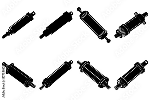 Illustration showing a collection of hydraulic cylinders in various orientations and designs in black