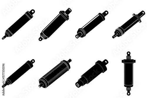 A collection of eight black and white hydraulic cylinders in varying sizes and orientations shown together